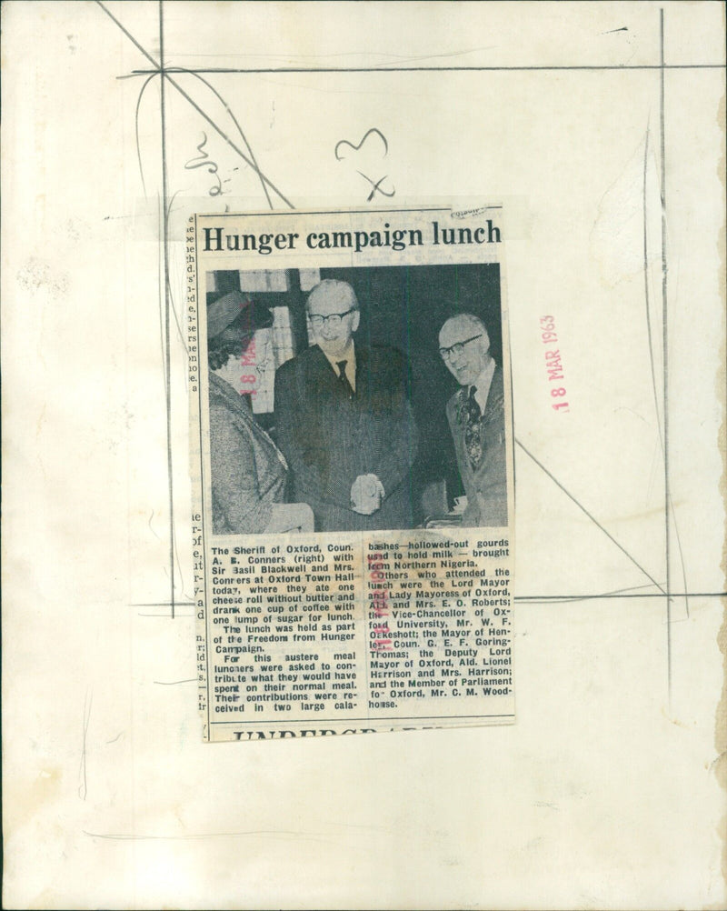 Oxford dignitaries joining the Freedom from Hunger Campaign by partaking in a cheese roll and coffee for lunch. - Vintage Photograph