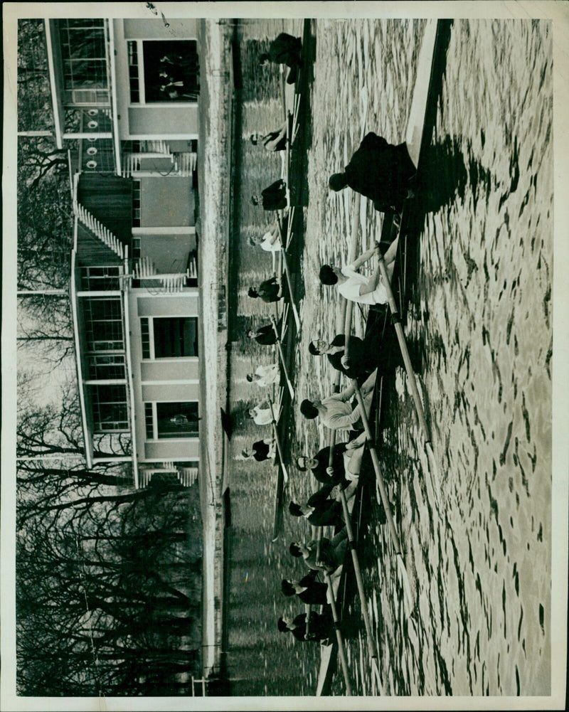 Students practice for the Oxford University Torpids on the River Thames. - Vintage Photograph
