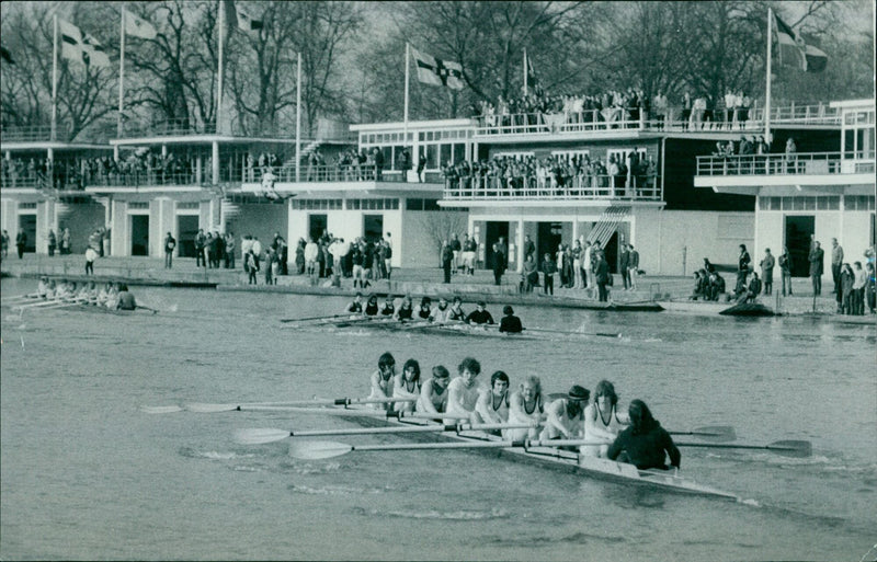 Rowers compete in the Division II race of the Torpids on the Isis River. - Vintage Photograph