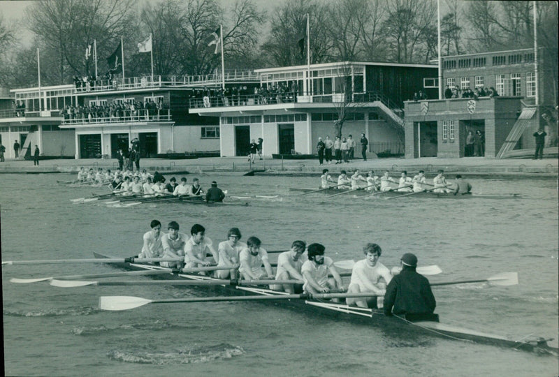 Oxford University crews compete in the first day of the Torpids on the Isis River. - Vintage Photograph