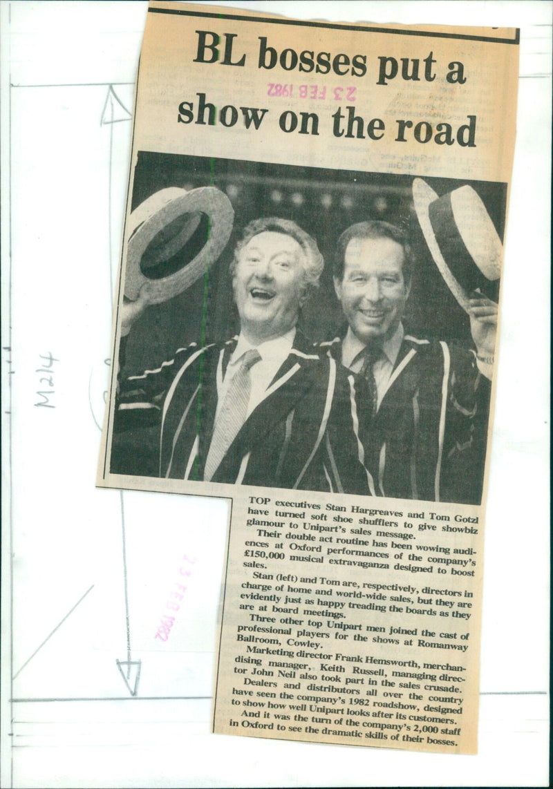Stan Hargreaves and Tom Gotzl, directors of Unipart, perform a double act routine at an Oxford performance of the company's £150,000 musical extravaganza. - Vintage Photograph