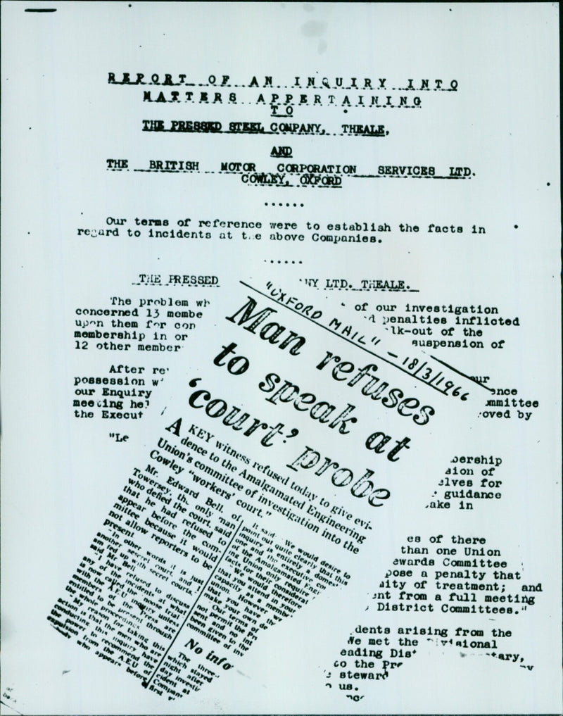 AEU report on "workers courts" at Cowley and Theale, UK, released on 18/3/1966. - Vintage Photograph