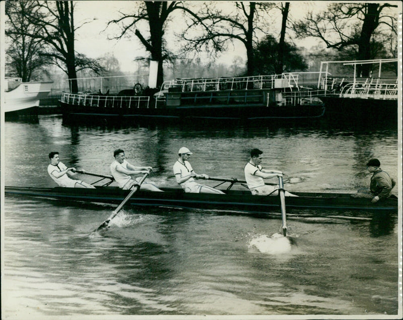 Oxford University and Magdalen College crew win the challenge fours final at the Oxford University and College Servants Rowing Club regatta. - Vintage Photograph