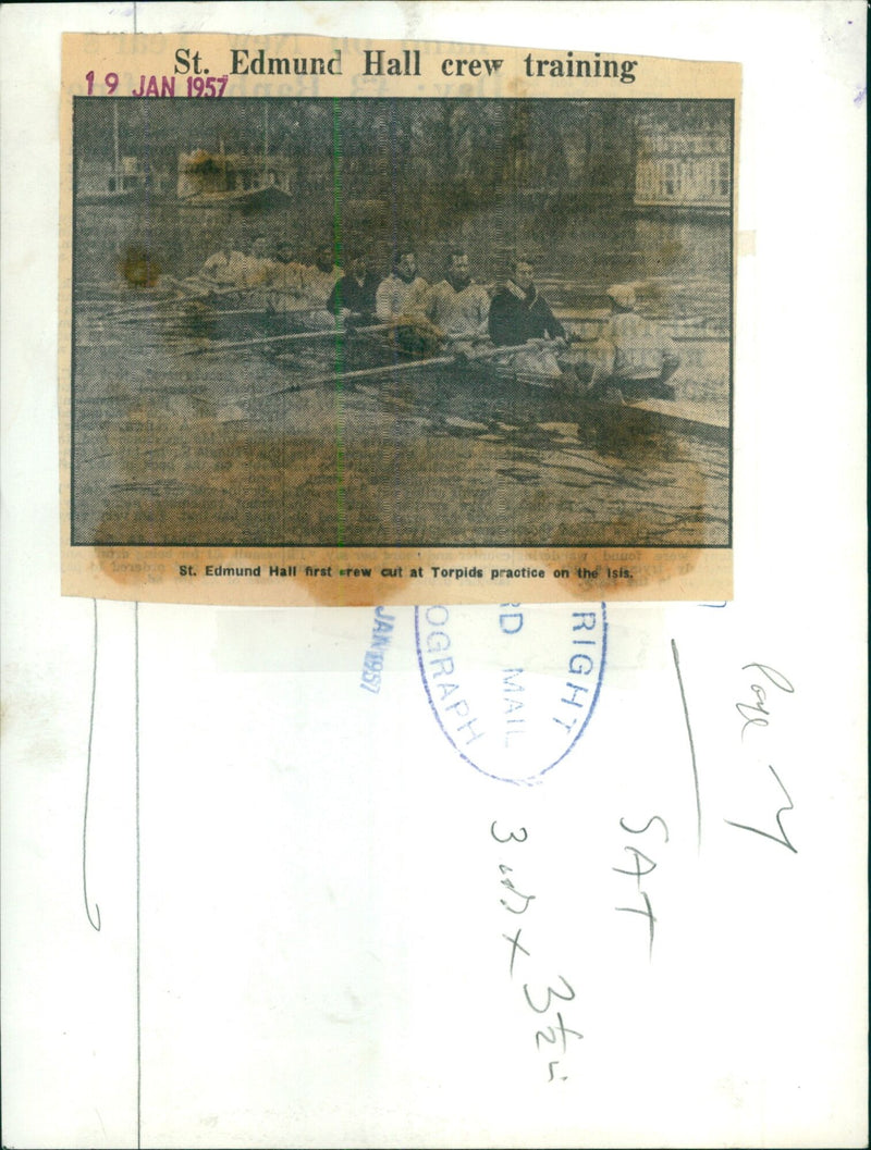 Members of St. Edmund Hall first crew team practicing on the Isis for Torpids. - Vintage Photograph