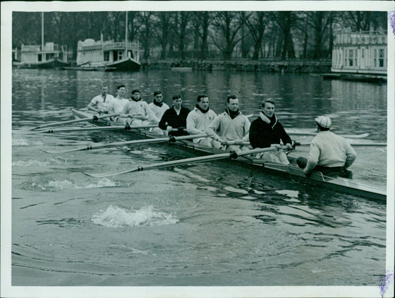 Members of St. Edmund Hall first crew team practicing on the Isis for Torpids. - Vintage Photograph