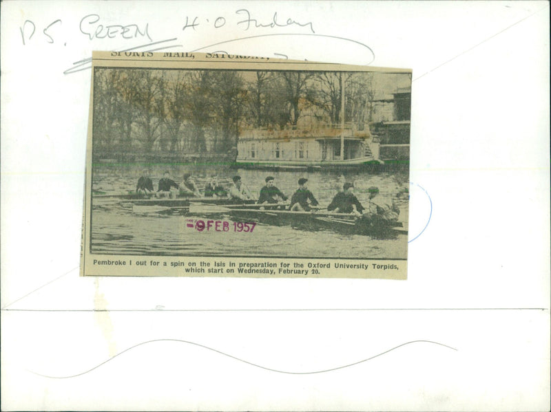 A rower from Pembroke College at the University of Oxford training on the Isis River ahead of the Torpids Boat Race. - Vintage Photograph