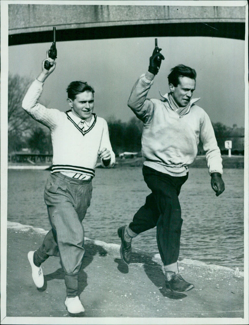 Two college boat club secretaries direct their crews on the towpath. - Vintage Photograph