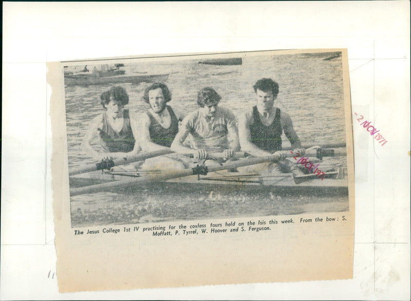 Members of Jesus College's first IV rowing team practice for the upcoming coxless fours competition on the Isis. - Vintage Photograph