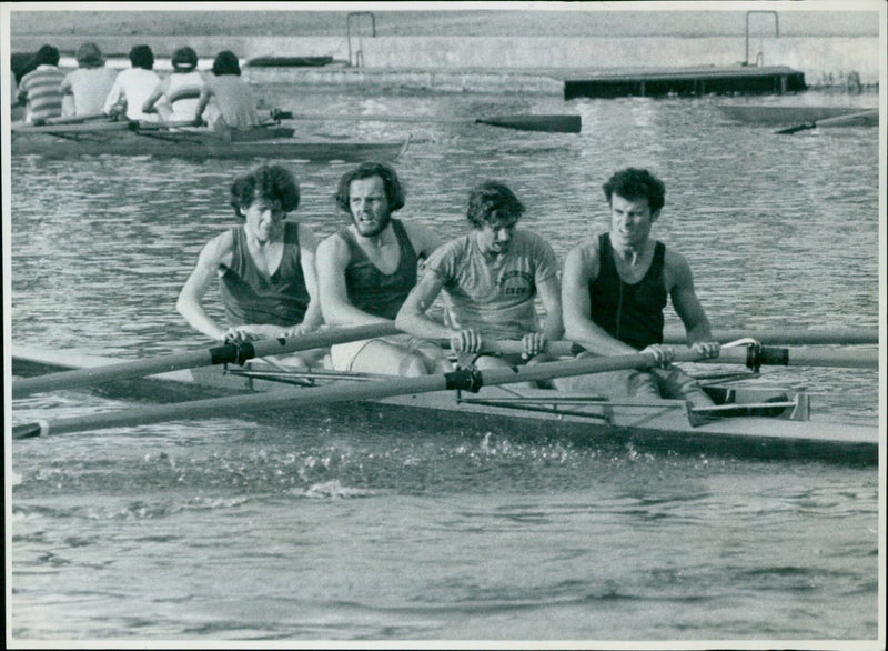 Members of Jesus College's first IV rowing team practice for the upcoming coxless fours competition on the Isis. - Vintage Photograph