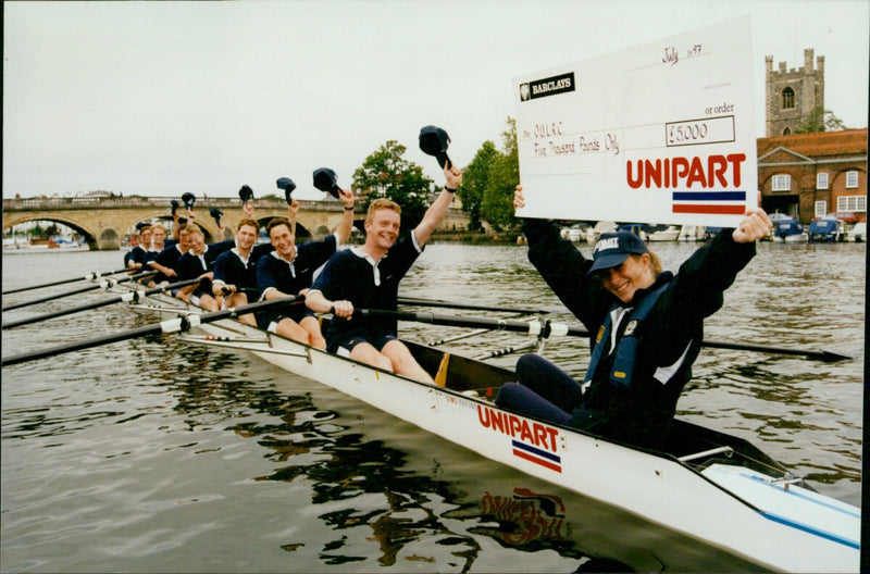 The Oxford University Lightweight Rowing Club during a practice session ahead of the Henley Regatta. - Vintage Photograph