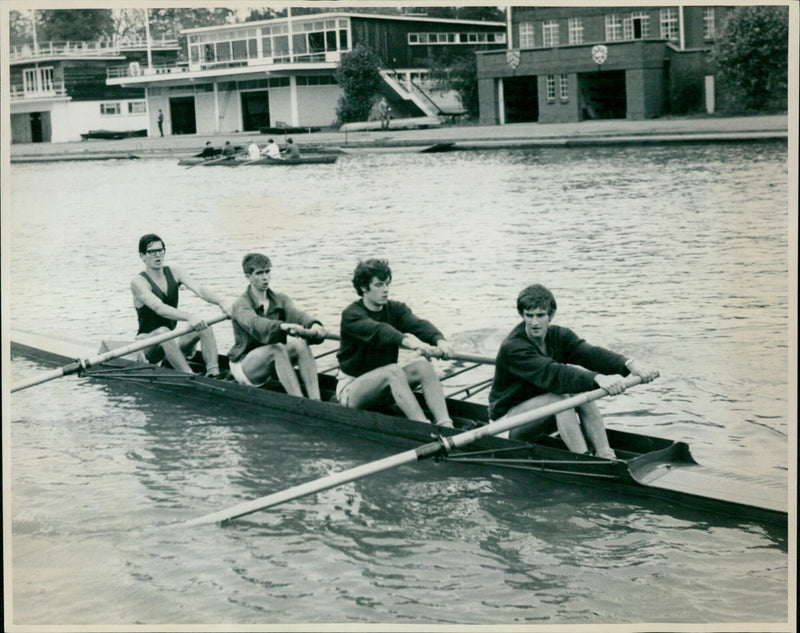 Four crews prepare for the Oxford University Boat Race Competition. - Vintage Photograph