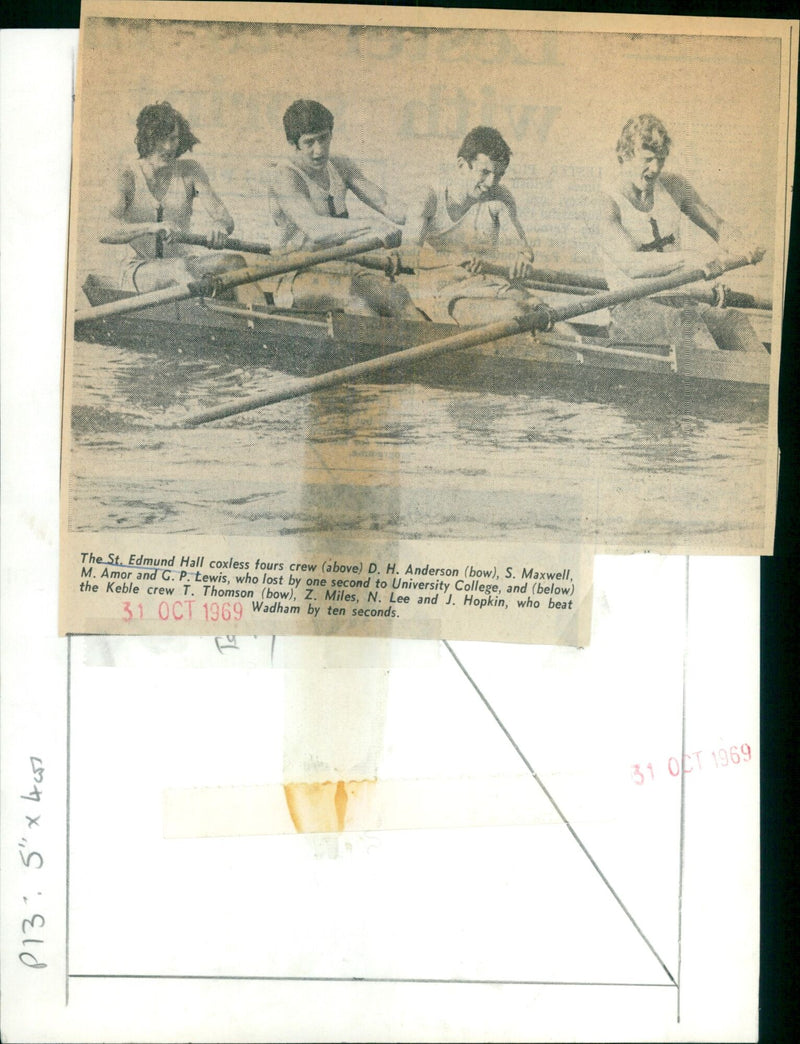 St. Edmund Hall and University College compete in a coxless fours race. - Vintage Photograph