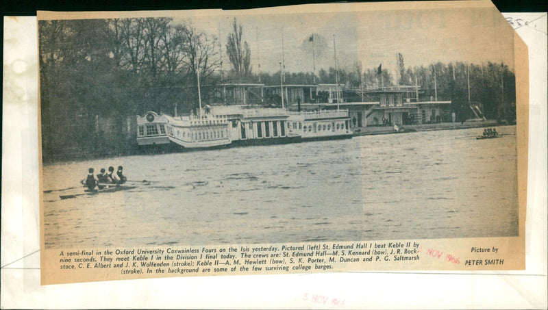 St. Edmund Hall I and Keble II competing in the Oxford University Coxwainless Fours semi-final on the Isis yesterday. - Vintage Photograph