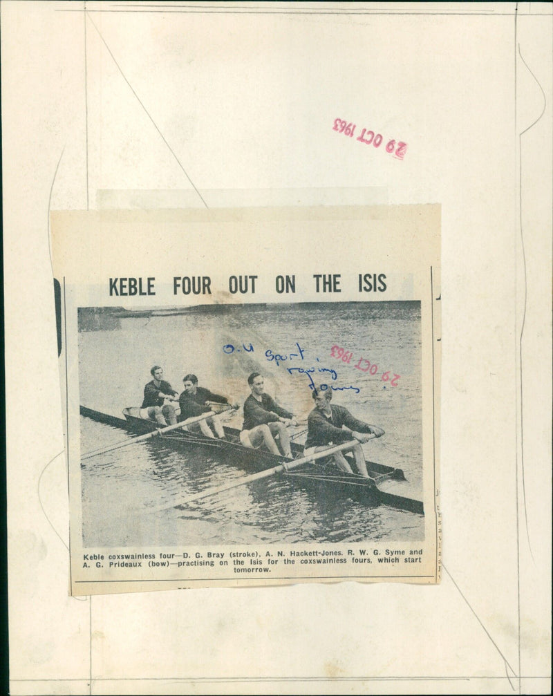 Oxford University's Keble College four-man rowing crew practices on the Isis river ahead of a coxswainless fours race. - Vintage Photograph