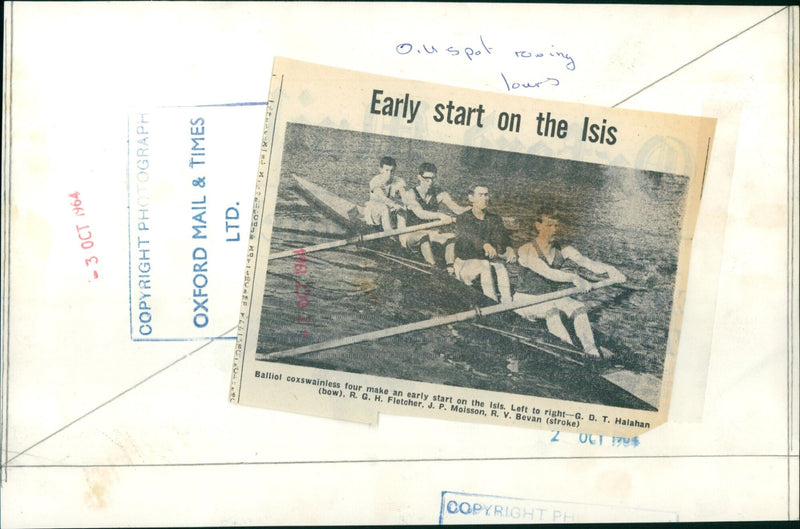 Balliol College rowers make an early start on the Isis in Oxford, England, on October 14, 1964. - Vintage Photograph