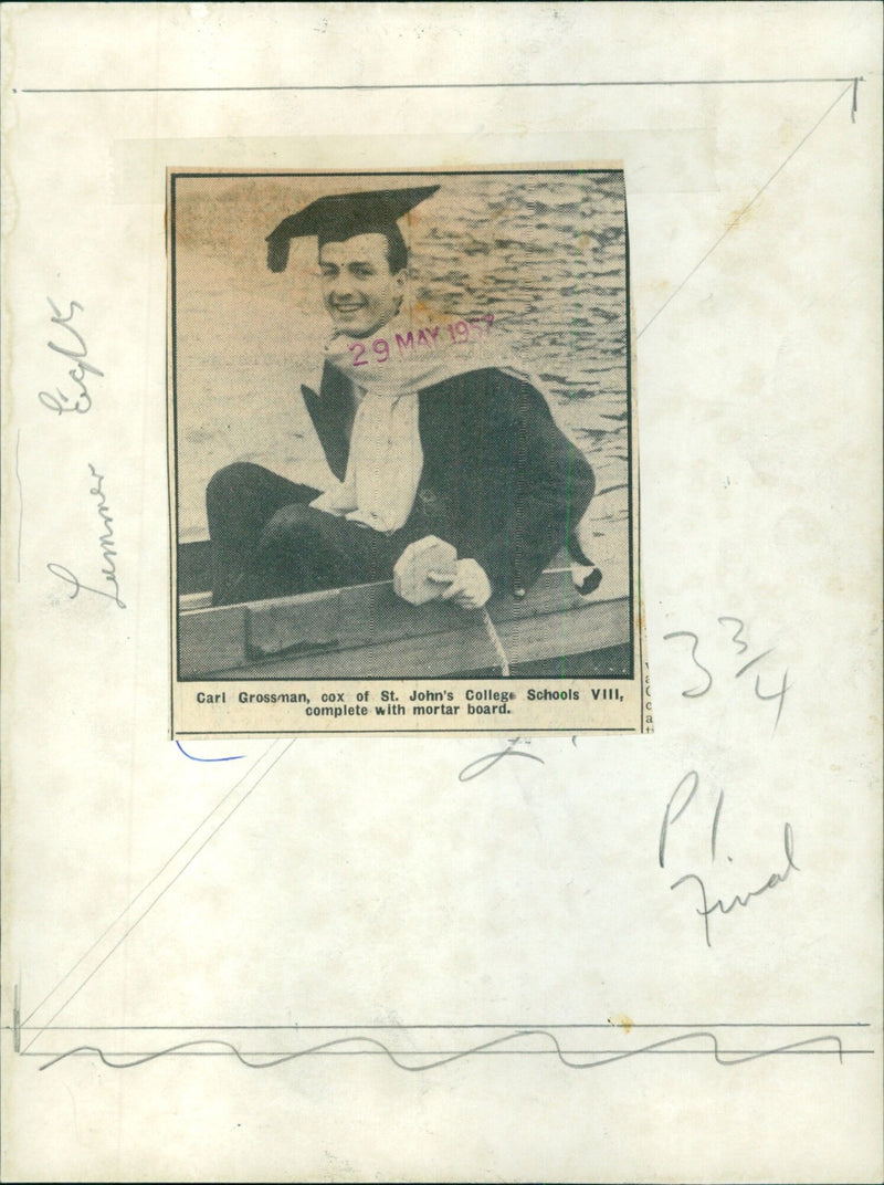 Carl Grossman, cox of St. John's College Schools VIII, wearing a mortar board. - Vintage Photograph