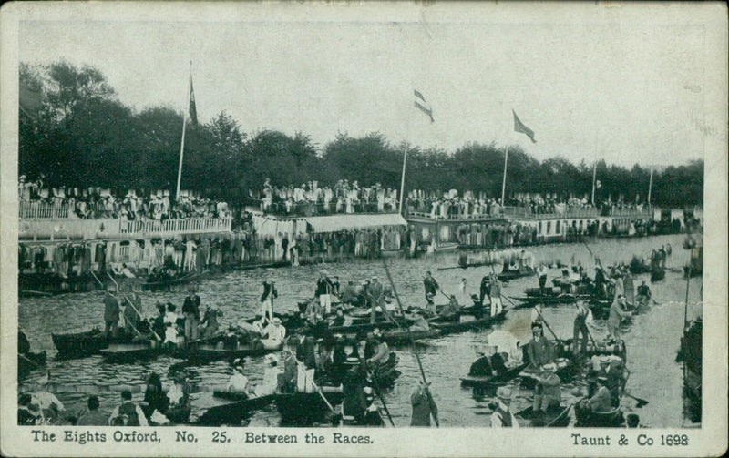 Eight rowers competing in a rowing race in Oxford, England. - Vintage Photograph