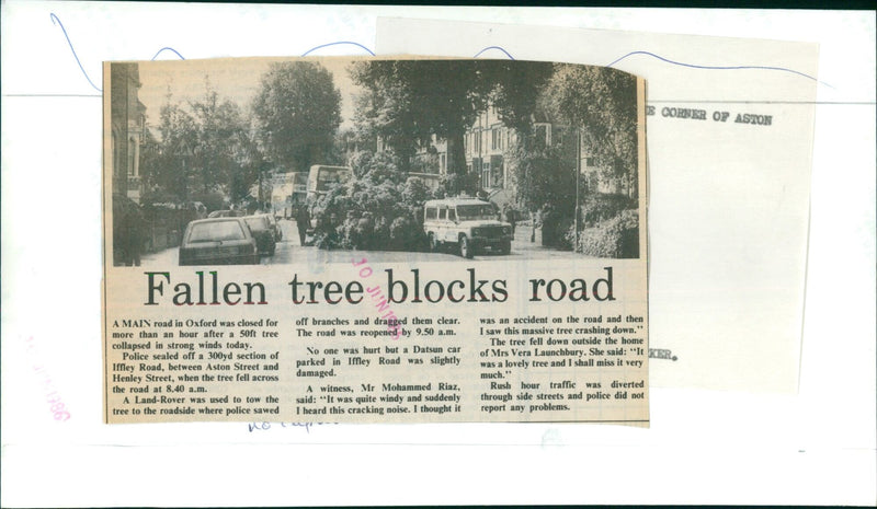 A fallen tree blocks a road in Oxford, UK. - Vintage Photograph