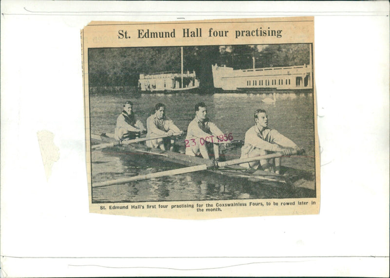 St. Edmund Hall's first four practising for their Coxswainless Fours race. - Vintage Photograph