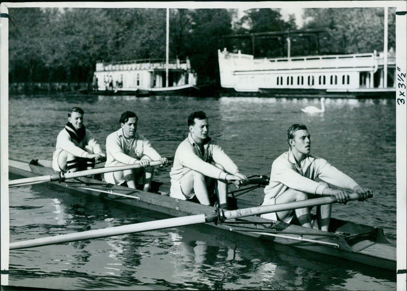 St. Edmund Hall's first four practising for their Coxswainless Fours race. - Vintage Photograph