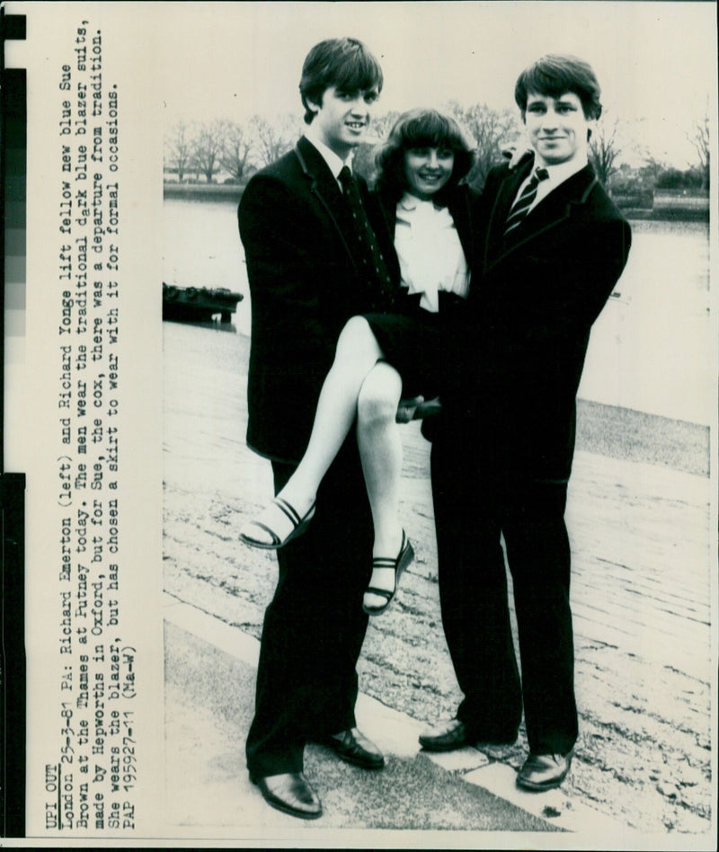 Richard Emerton, Richard Yonge, and Sue Brown celebrate at the Thames in Putney. - Vintage Photograph