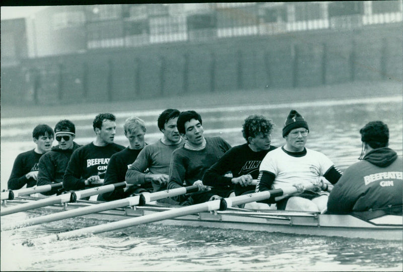 The Oxford rowing team practice on the Thames in preparation for the upcoming Boat Race against Cambridge. - Vintage Photograph