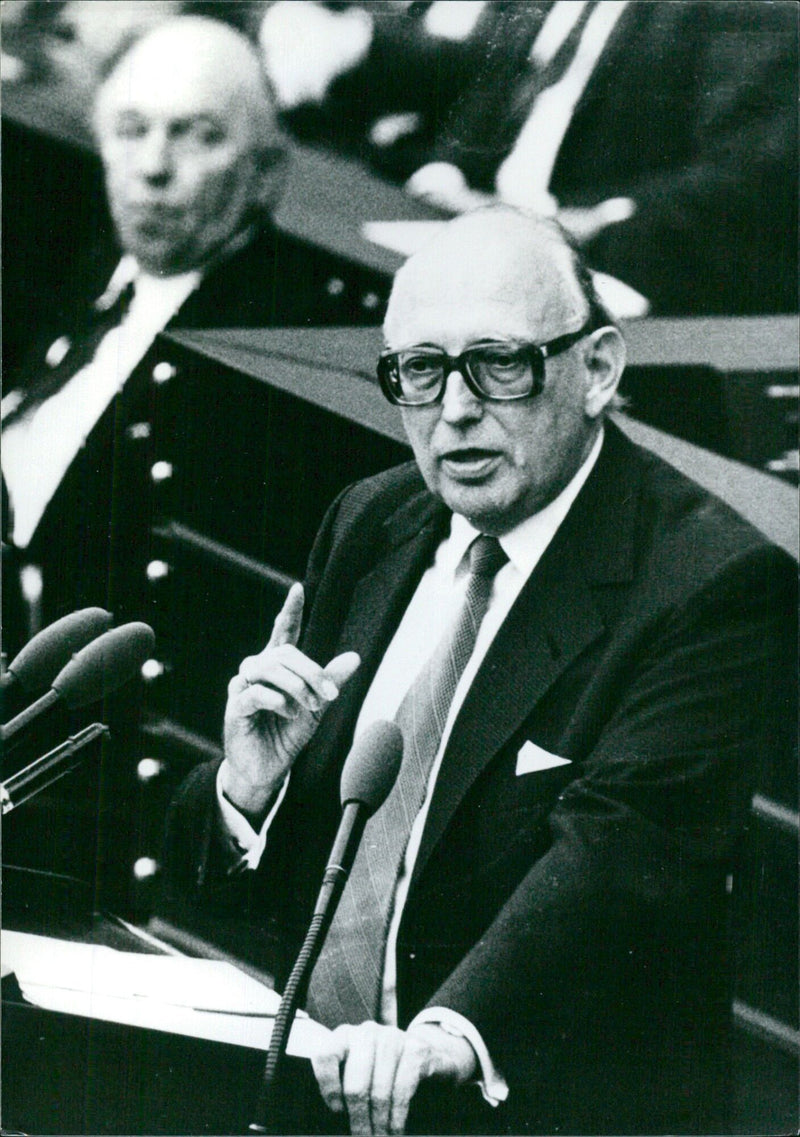 Wolfgang Mischnick, the Chair-man of the German Bundestag for the Free Democrat (FDP) party, speaks to a crowd on January 8th, 1982. - Vintage Photograph