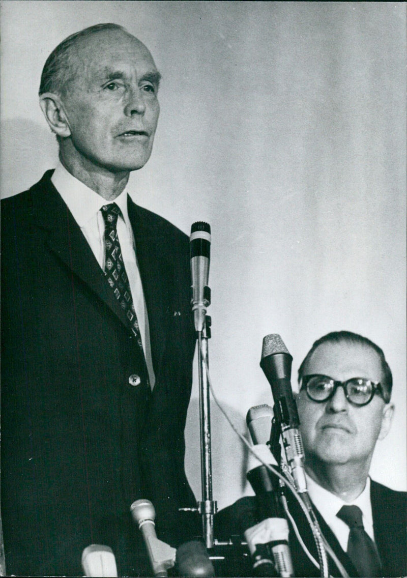 British Foreign Secretary Sir Alec Douglas-Home is pictured with Israeli Foreign Minister Abba Eban in March 1972 during a visit to Israel. - Vintage Photograph