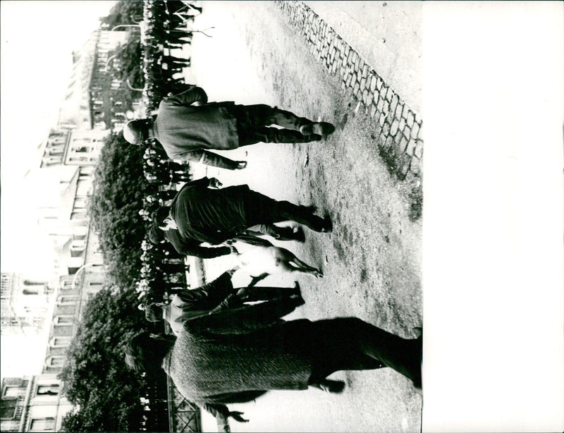 Members of the Oppers & Bulagne group arrive at IMS Torsgat in Stockholm, Sweden for the 13th RETUR International Magazine Service. - Vintage Photograph