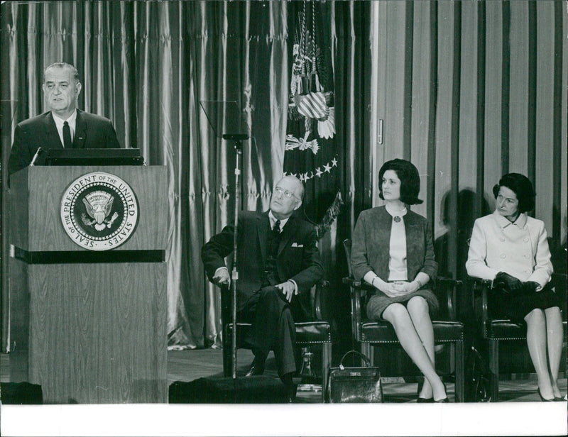 President Lyndon B. Johnson and Secretary General of the United Nations U Thant meet at the White House on April 21, 1965. - Vintage Photograph