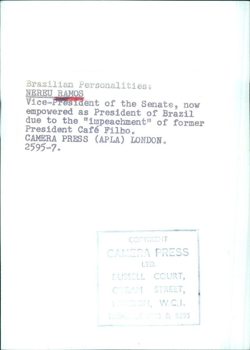 Nereu Ramos, Vice-President of the Senate, is now empowered as President of Brazil following the impeachment of former President Café Filho. - Vintage Photograph