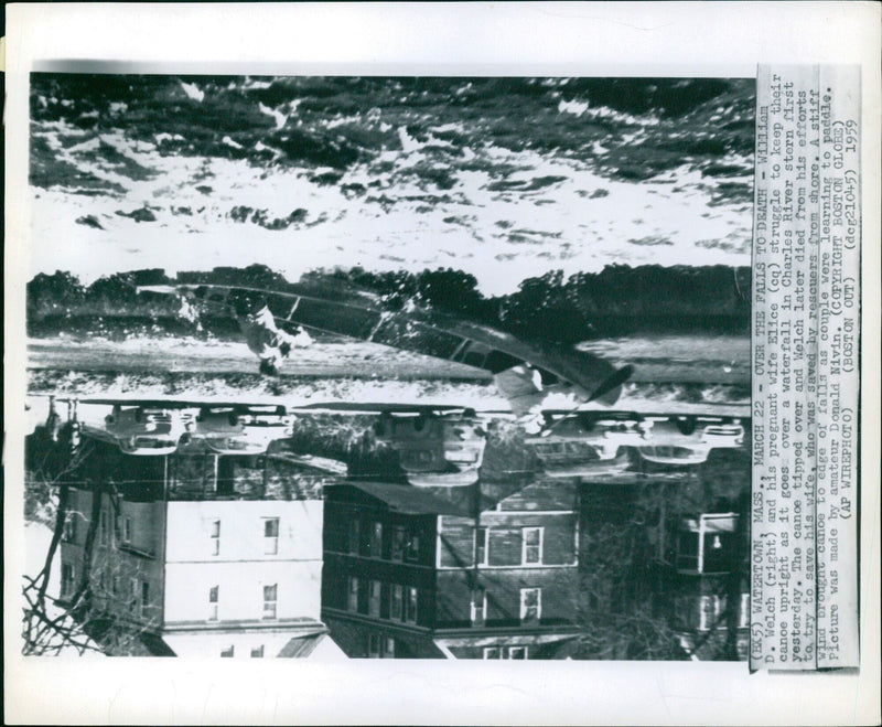 A deadly accident on the Charles River results in tragedy when a couple's canoe tips over a waterfall, leading to the death of one of the occupants. - Vintage Photograph