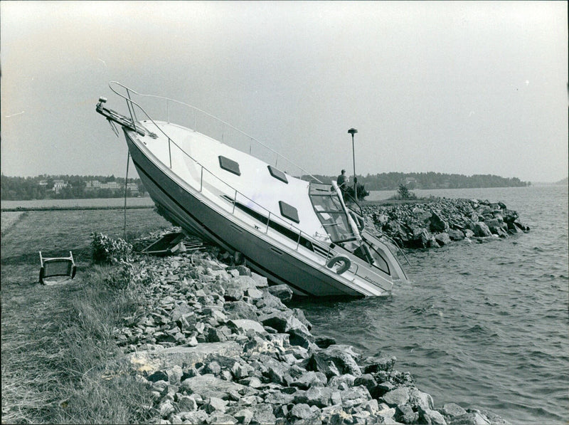 On Sunday, June 25, 1979, a motorboat collided with the Margarinbolaget industrial area on the island of Lidingö, Sweden, causing the boat's operator to receive head injuries and the boat to be seriously damaged. - Vintage Photograph