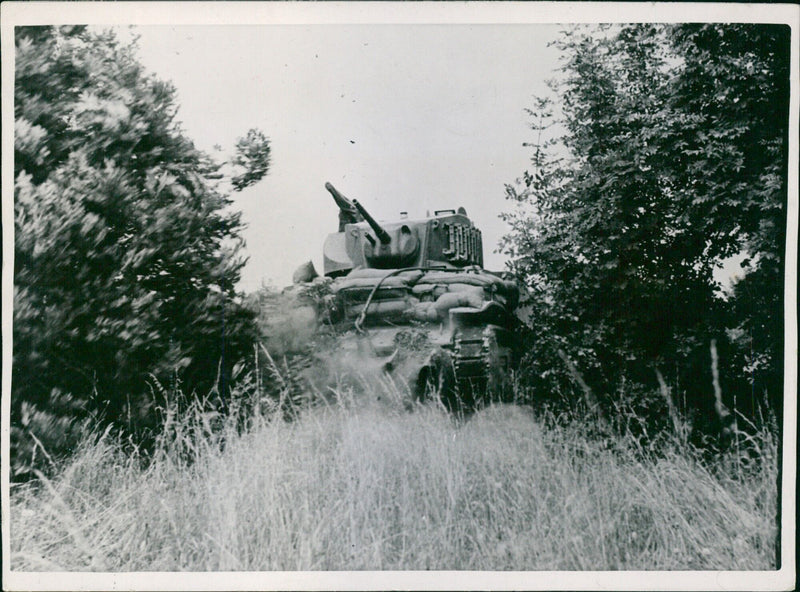 A U.S. light tank equipped with a toóthod plow clears a hedgerow in Normandy, as American troops and armor advance during the Allied advance in France. - Vintage Photograph