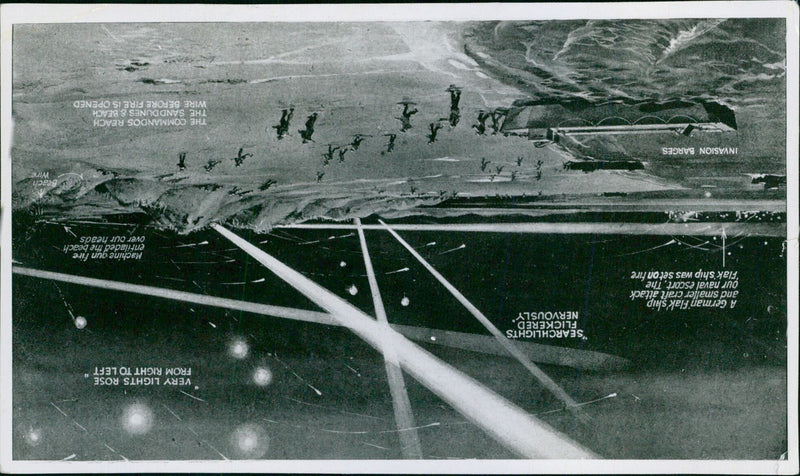 German forces launch an attack on an Allied naval escort, with searchlights flickering and machine gun fire enfilading the beach as Allied commandos reach the shore. - Vintage Photograph