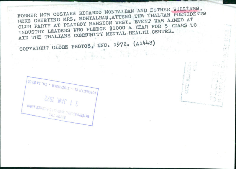 Former MGM costars Ricardo Montalbán and Esther Williams attend the Thalians President's Club Party at the Playboy Mansion West to support the Thalians Community Mental Health Center in 1972. - Vintage Photograph
