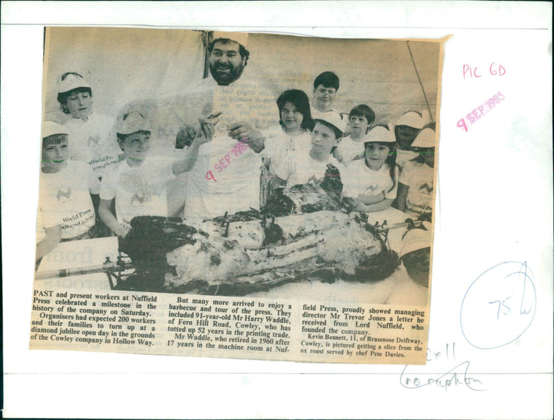 Former and current employees of Nuffield Press celebrate the company's diamond jubilee at an open day in Cowley, Oxfordshire. - Vintage Photograph