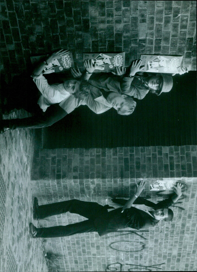 Cast of the Naked Theatre production of "Loot" pose in front of the Burton Taylor Theatre in Oxford, England. - Vintage Photograph