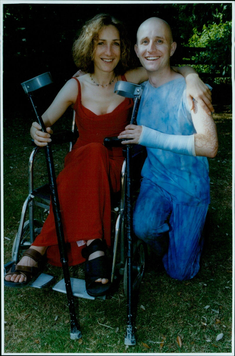 Two actors from the Creation Theatre Company's production of Anthony and Cleopatra, Gary Bates and Julie-Ann Gillitt, with their costume-made broken limbs. - Vintage Photograph