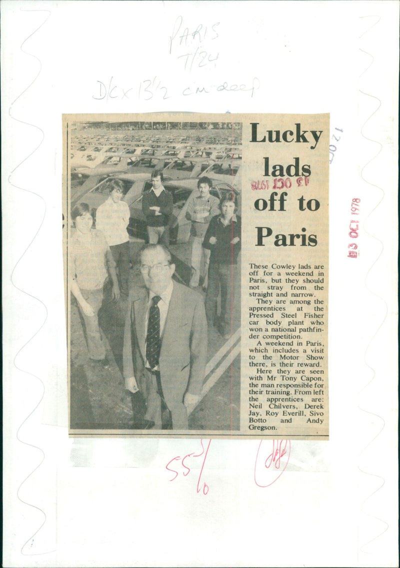 Apprentices from Cowley's Steel Fisher Pressed Car Body Plant depart for a weekend in Paris. - Vintage Photograph