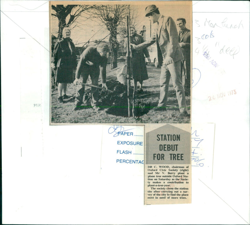 C. Wood and V. Berry of the Oxford Civic Society planting a plane tree outside of Oxford Station. - Vintage Photograph