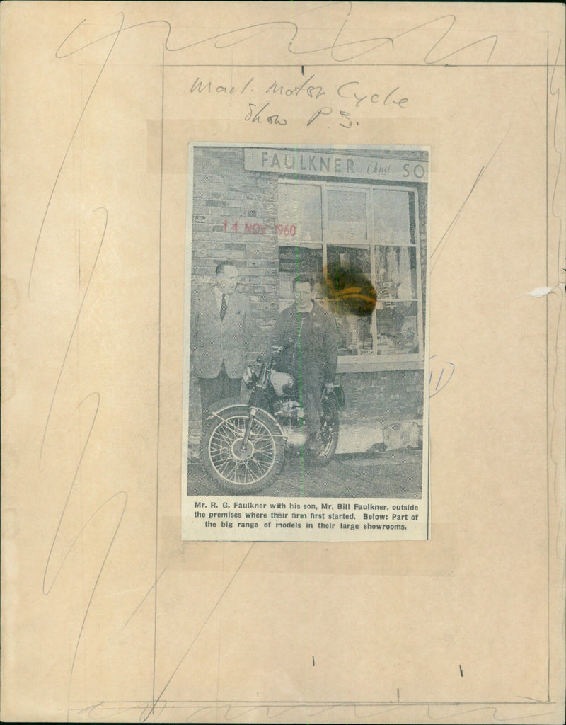 Mr. R.G. Faulkner and his son, Bill Faulkner, pose outside the building that housed their family business. - Vintage Photograph