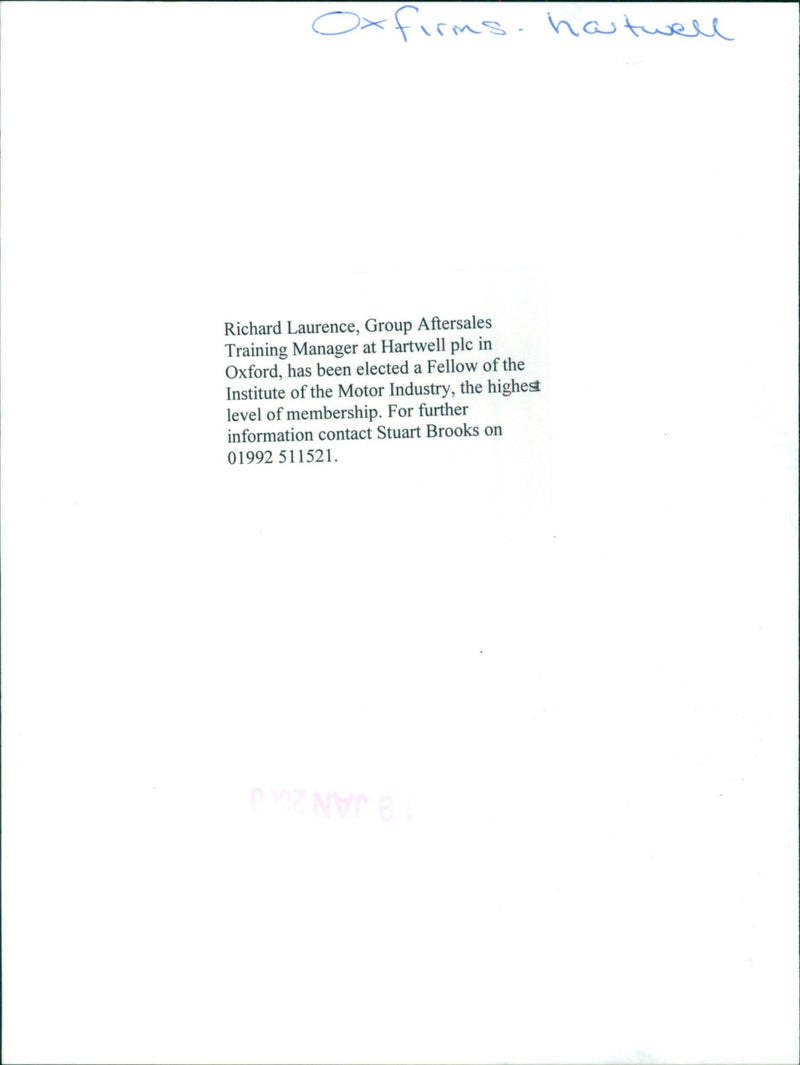 Richard Laurence, Group Aftersales Training Manager at Hartwell plc in Oxford, is elected a Fellow of the Institute of the Motor Industry. - Vintage Photograph