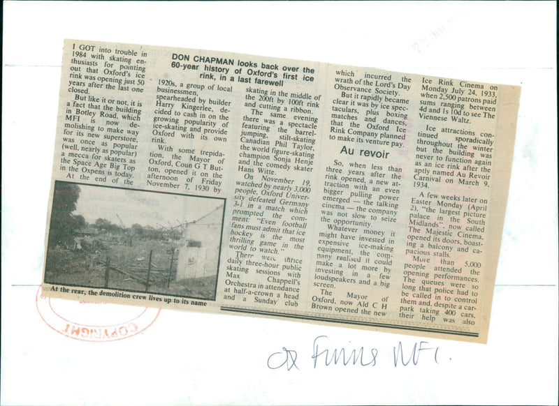 The demolition crew at the MFI in Botley Road in Oxford skate in the middle of the rink while cutting a ribbon at the farewell ceremony of Oxford's first ice rink. - Vintage Photograph