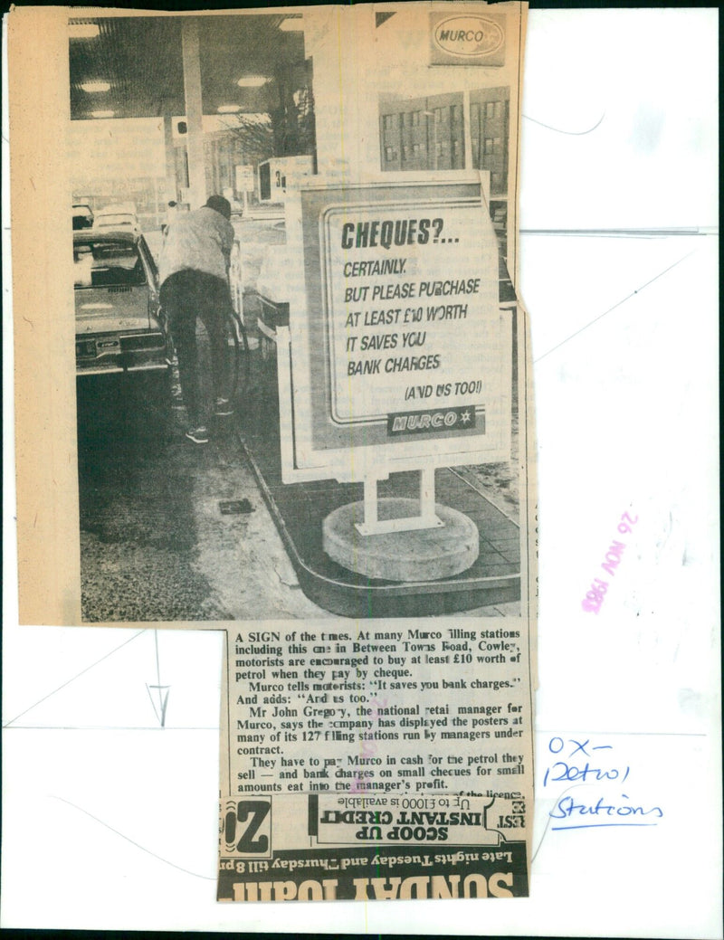 Motorists are encouraged to purchase at least £10 worth of petrol at Murco filling stations to save on bank charges. - Vintage Photograph