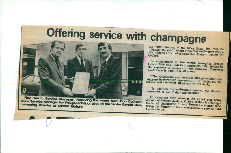 Ray Berrill, Service Manager of Oxford Motors, receives the Quality Service Award from Ron Collison, Zone Service Manager for Peugeot/Talbot. - Vintage Photograph
