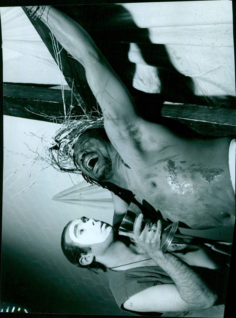 Jamie Bow and Ben Okafor in a scene from the theater production of "The King of Fools". - Vintage Photograph