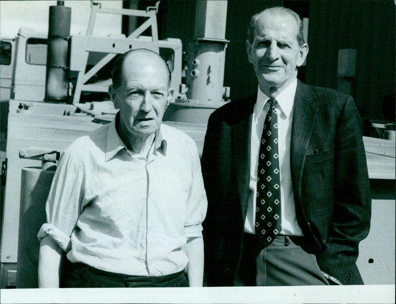 Long-serving employees Mr Sid Bayliss and Mr Len Townsend bid farewell to Grove Cranes after 30 and 29 years respectively. - Vintage Photograph