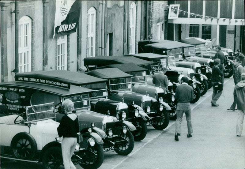 A line of Bullnose Morris cars at Nuffe Press. - Vintage Photograph