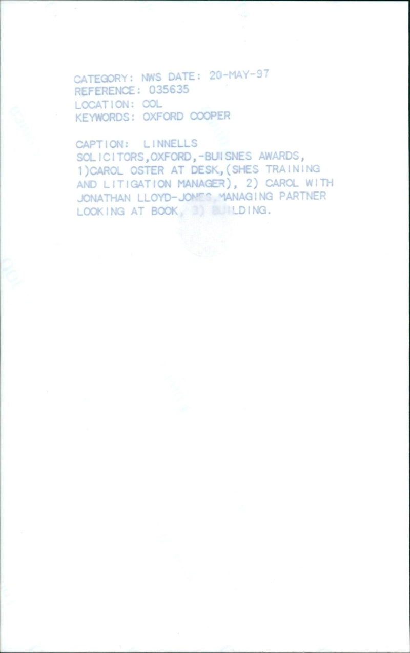 Linnells Solicitors in Oxford celebrates its BUiSNES Awards with Training and Litigation Manager Carol Oster and Managing Partner Jonathan Lloyd-Jones. - Vintage Photograph